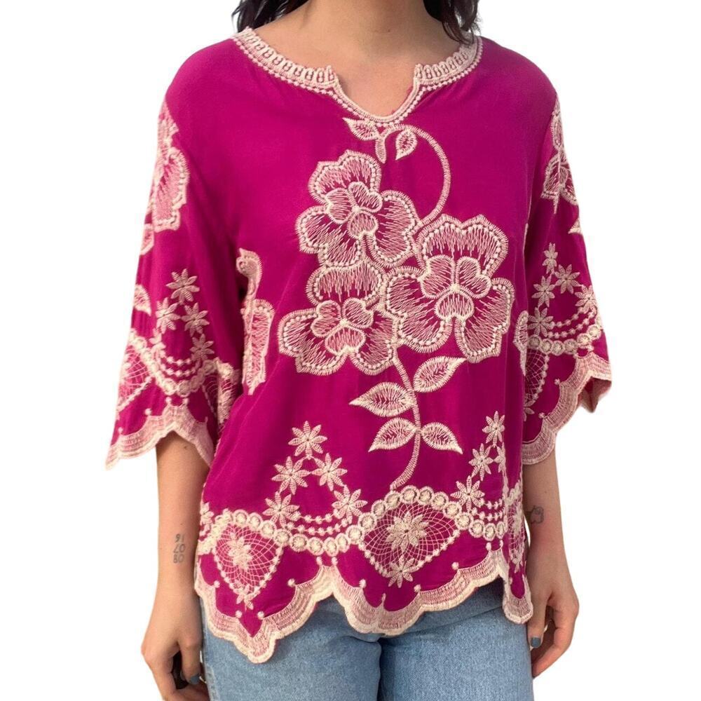 🍀Solitaire Embroidered Floral Bell Sleeve Peasant Boho Top Fuchsia Pink Womens S - Picture 1 of 11
